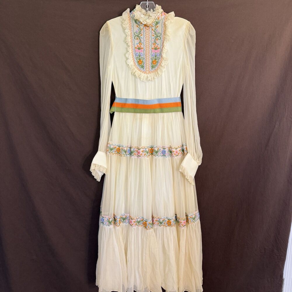 Vintage Prairie Maxi Dress S Embroidered Floral Sheer Sleeves Boho Cottagecore - Picture 11 of 13